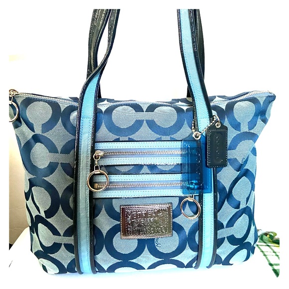 Coach Handbags - COACH - Blue Poppy Signature Logo Fabric Tote